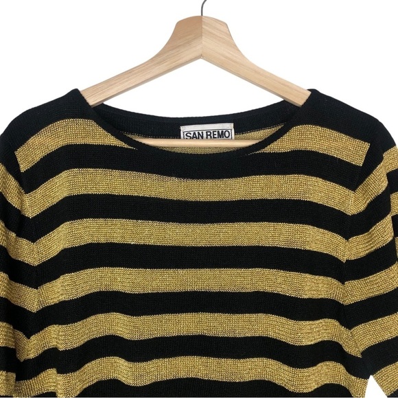 VINTAGE 70s 80s San Remo by Laura Knits Black Gold Stripe Short Sleeve Sweater - Picture 2 of 8
